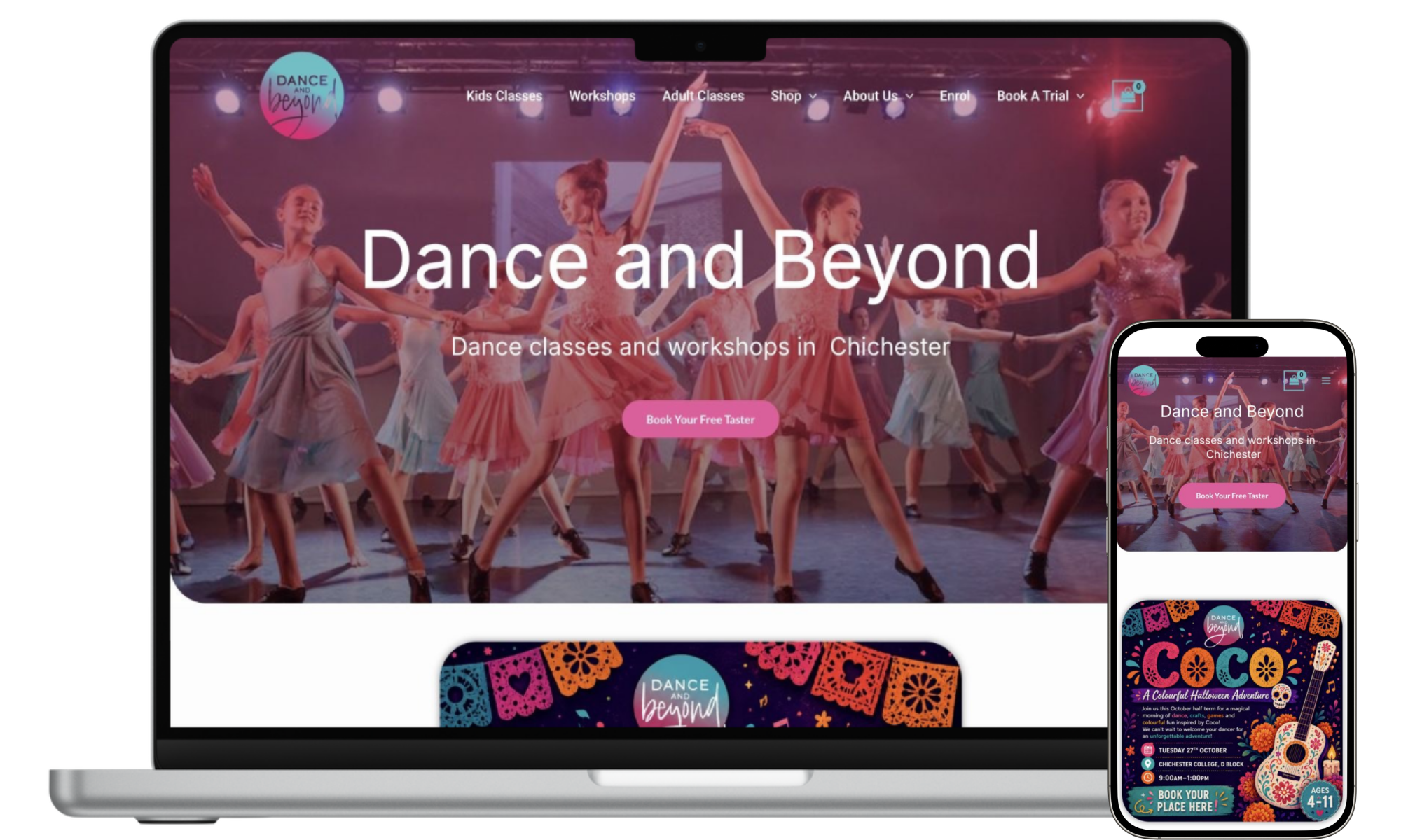 Dance & Beyond shown on laptop and mobile