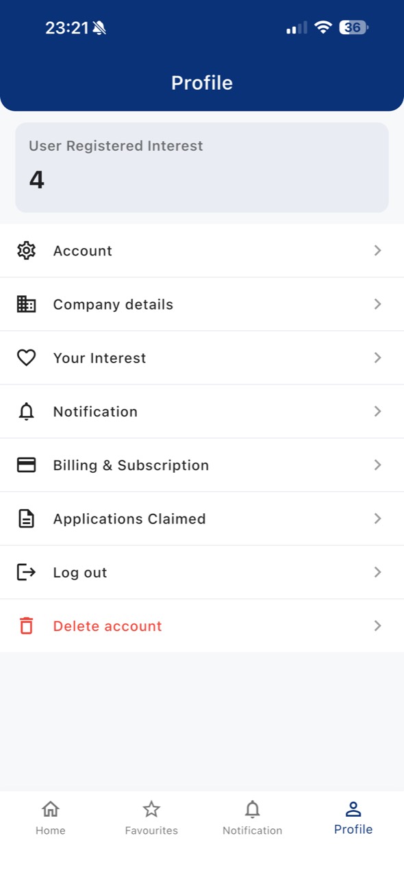 Future Builds profile with account, company, notifications and subscription options