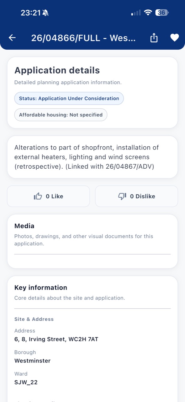 Future Builds planning application detail screen