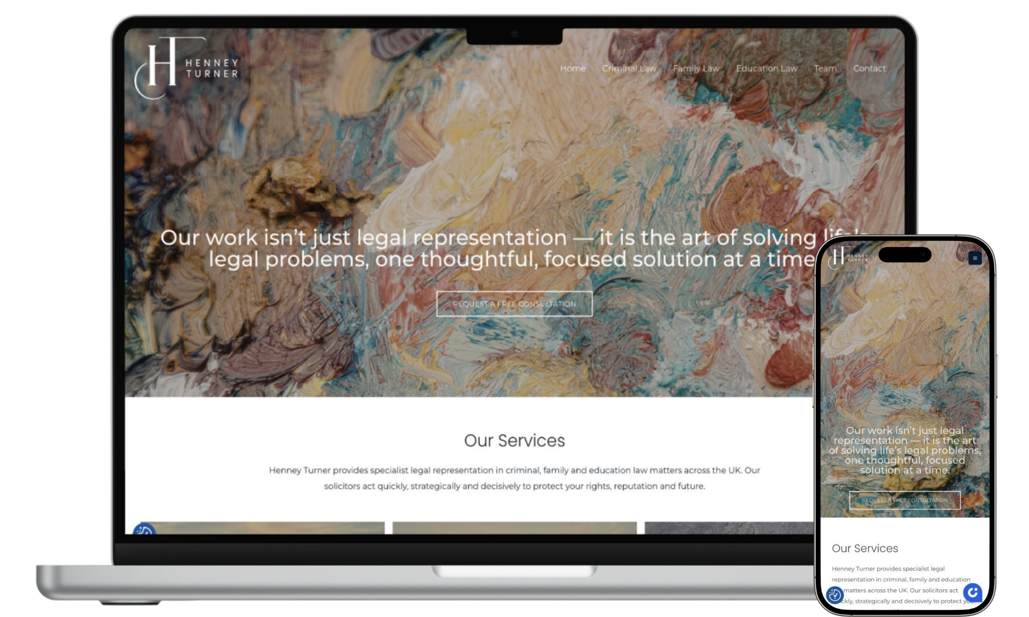 Henney Turner legal website homepage shown on a MacBook Pro and iPhone