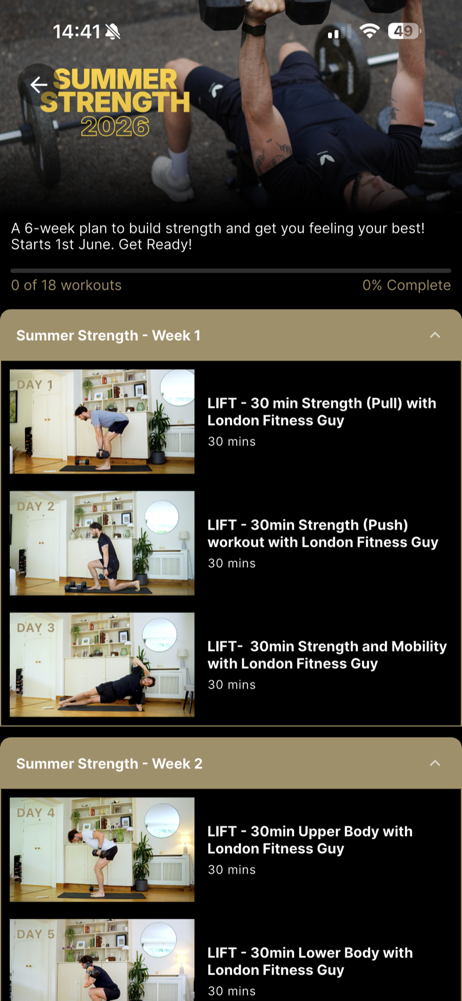 PWER app multi-week strength programme screen