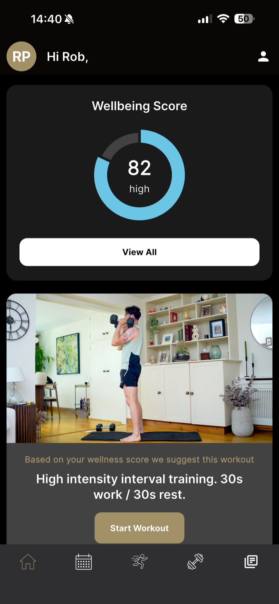 PWER app wellbeing score and recommended workout screen