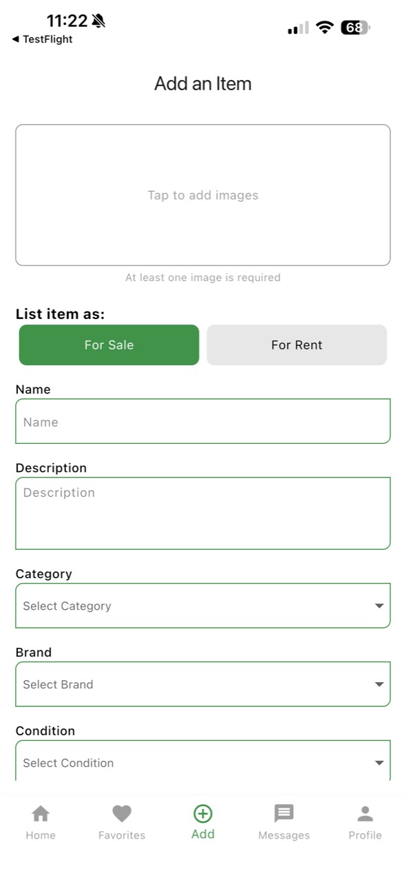 Vestu add item form with sale and rental options