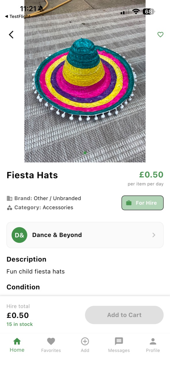 Vestu hire product detail screen for dance accessories